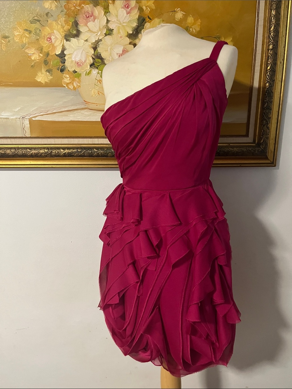 Pronovias One-Shoulder Ruffled Cocktail Dress in Magenta